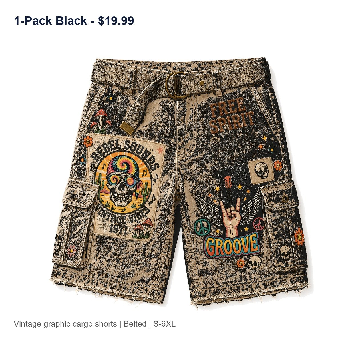 Men's vintage graphic cargo shorts - variant black