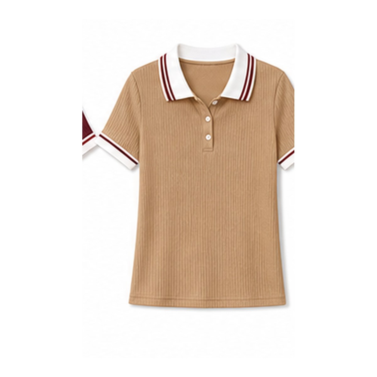 Women's ribbed contrast collar polo tee - variant camel