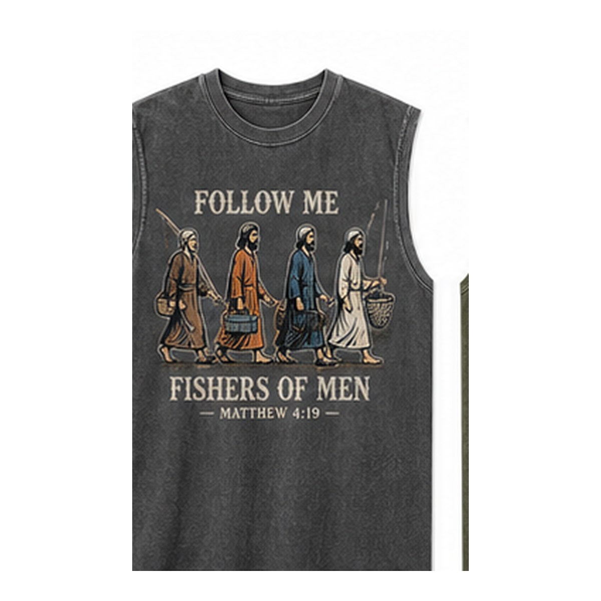 Men's Follow Me Fishers of Men sleeveless tee - variant charcoal