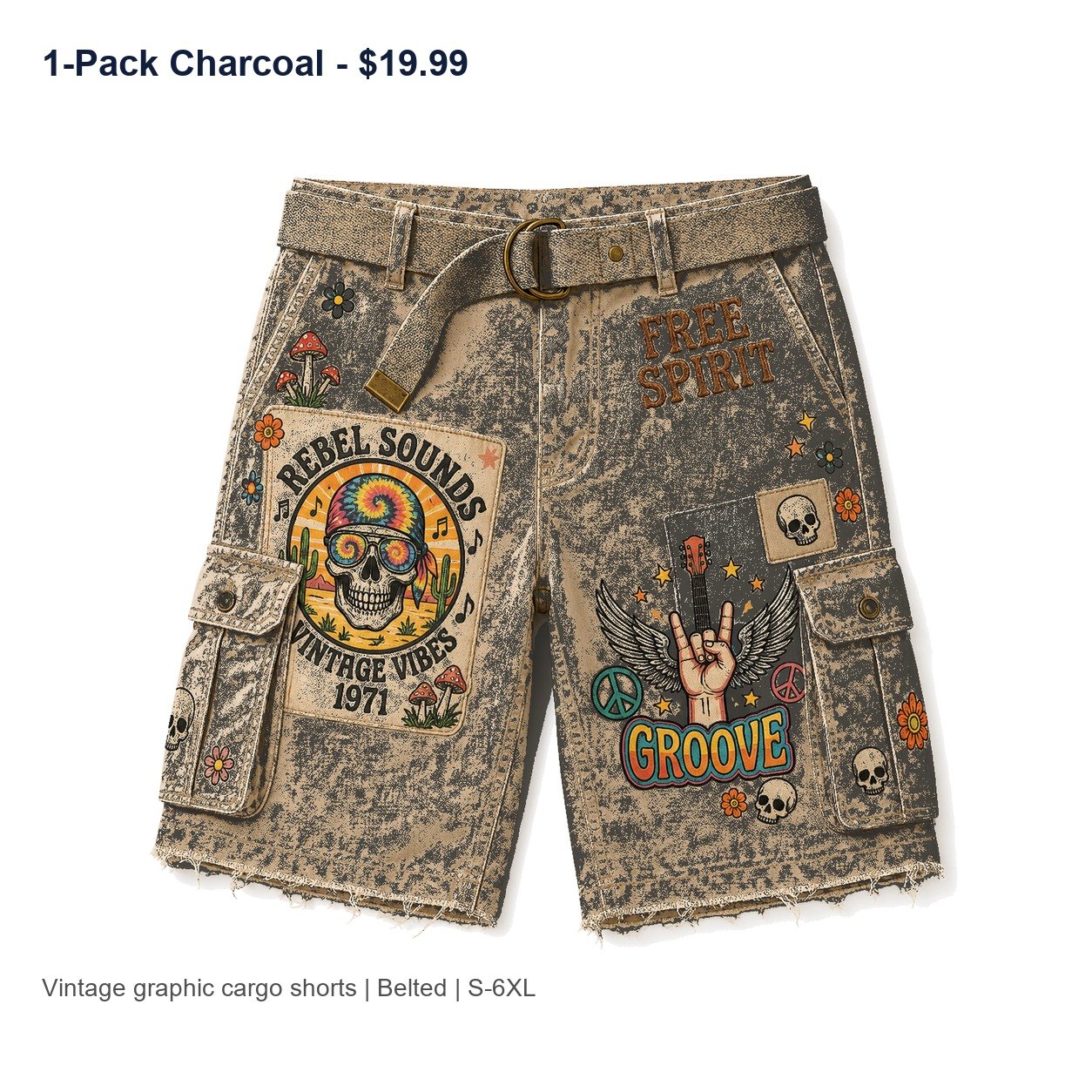 Men's vintage graphic cargo shorts - variant charcoal