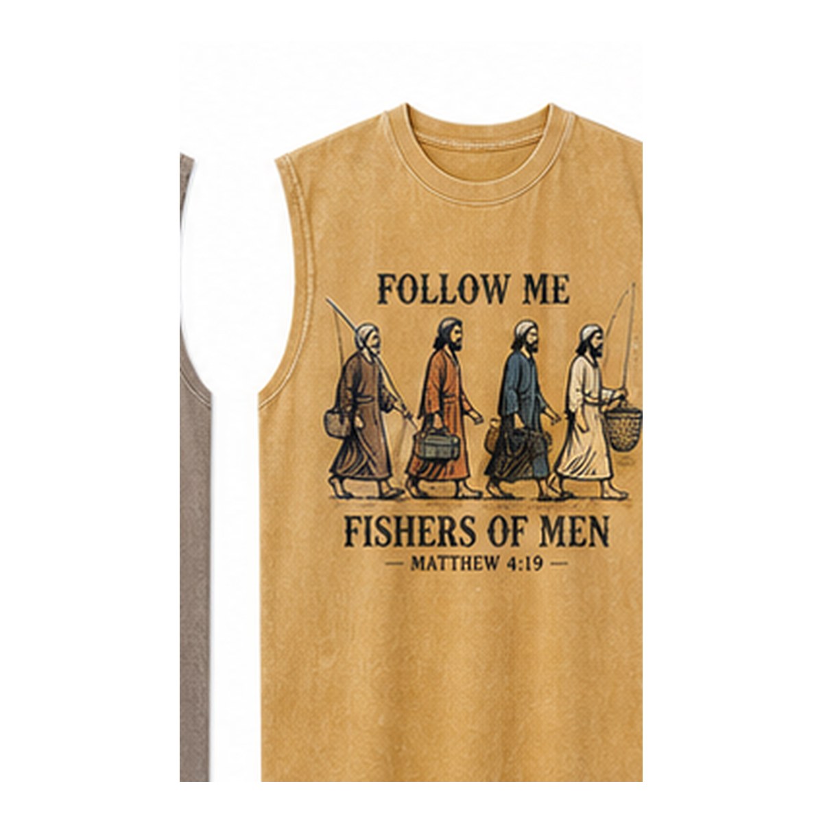 Men's Follow Me Fishers of Men sleeveless tee - variant mustard