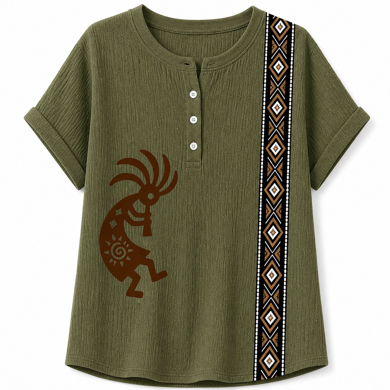 Women's Southwest Kokopelli henley top - variant olive