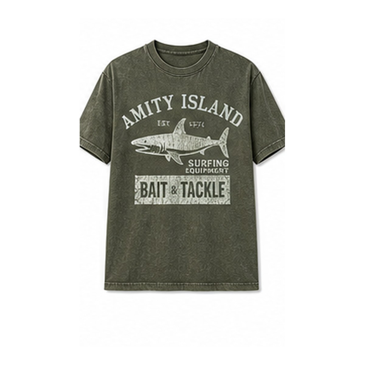 Men's vintage shark bait and tackle graphic tee - variant olive
