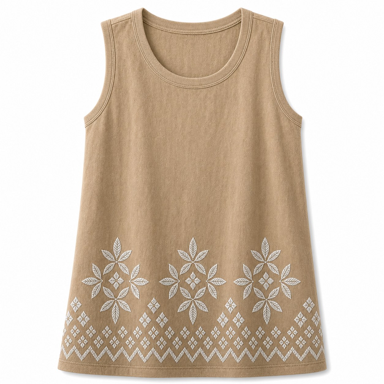 Women's embroidered border sleeveless tank top - variant tan