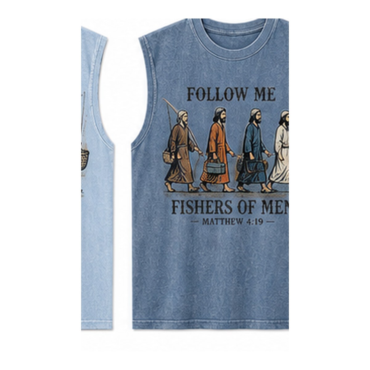 Men's Follow Me Fishers of Men sleeveless tee - variant washed denim
