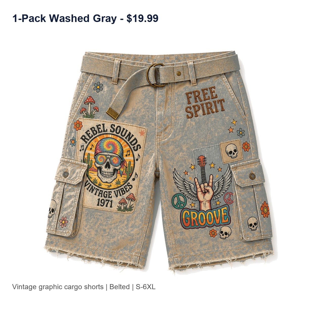 Men's vintage graphic cargo shorts - variant washed gray