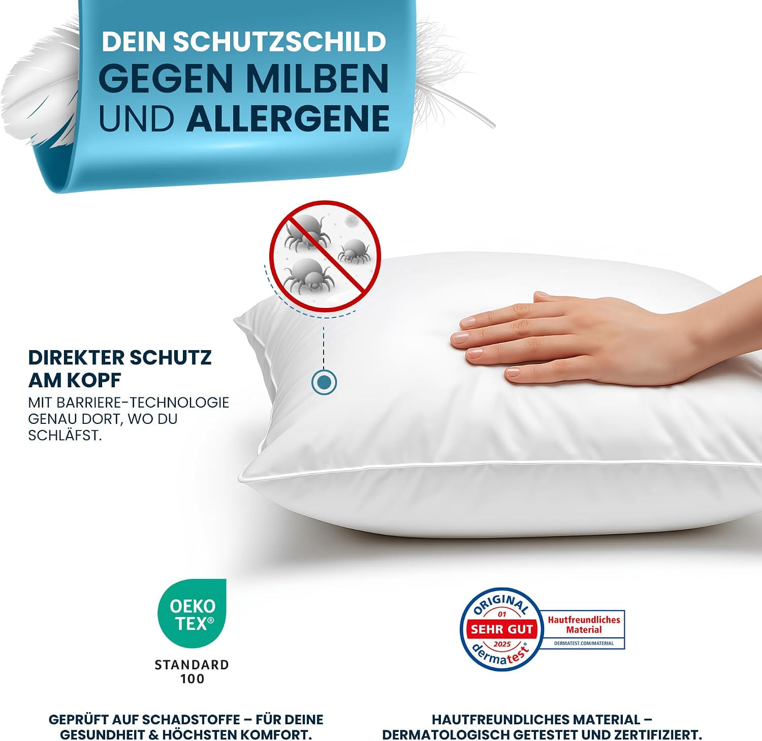 Glückstoff® Set of 2 Mite Cover Pillows 80 x 80 cm [Certified in Germany] - Premium Pillow Protector Encasing Mites - Allergy Sufferers Pillow Protection Cover - Allergy Bed Linen Anti Dust Mite Protection Cover