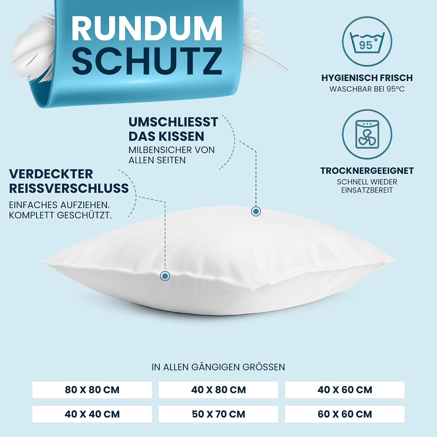 Glückstoff® Set of 2 Mite Cover Pillows 80 x 80 cm [Certified in Germany] - Premium Pillow Protector Encasing Mites - Allergy Sufferers Pillow Protection Cover - Allergy Bed Linen Anti Dust Mite Protection Cover