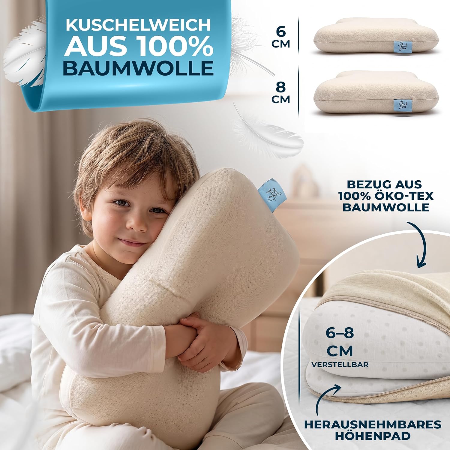 Glückstoff Cushion for Children [Grows with Children from 1-9+ Years], Height-Adjustable Children's Pillow, Breathable Pillow for Toddlers, Ergonomic Children's Pillow, 100% Cotton Cover (40 x 60 cm)