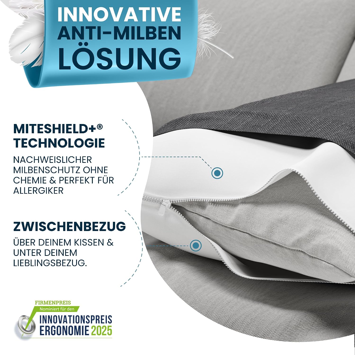 Glückstoff® Set of 2 Mite Cover Pillows 80 x 80 cm [Certified in Germany] - Premium Pillow Protector Encasing Mites - Allergy Sufferers Pillow Protection Cover - Allergy Bed Linen Anti Dust Mite Protection Cover