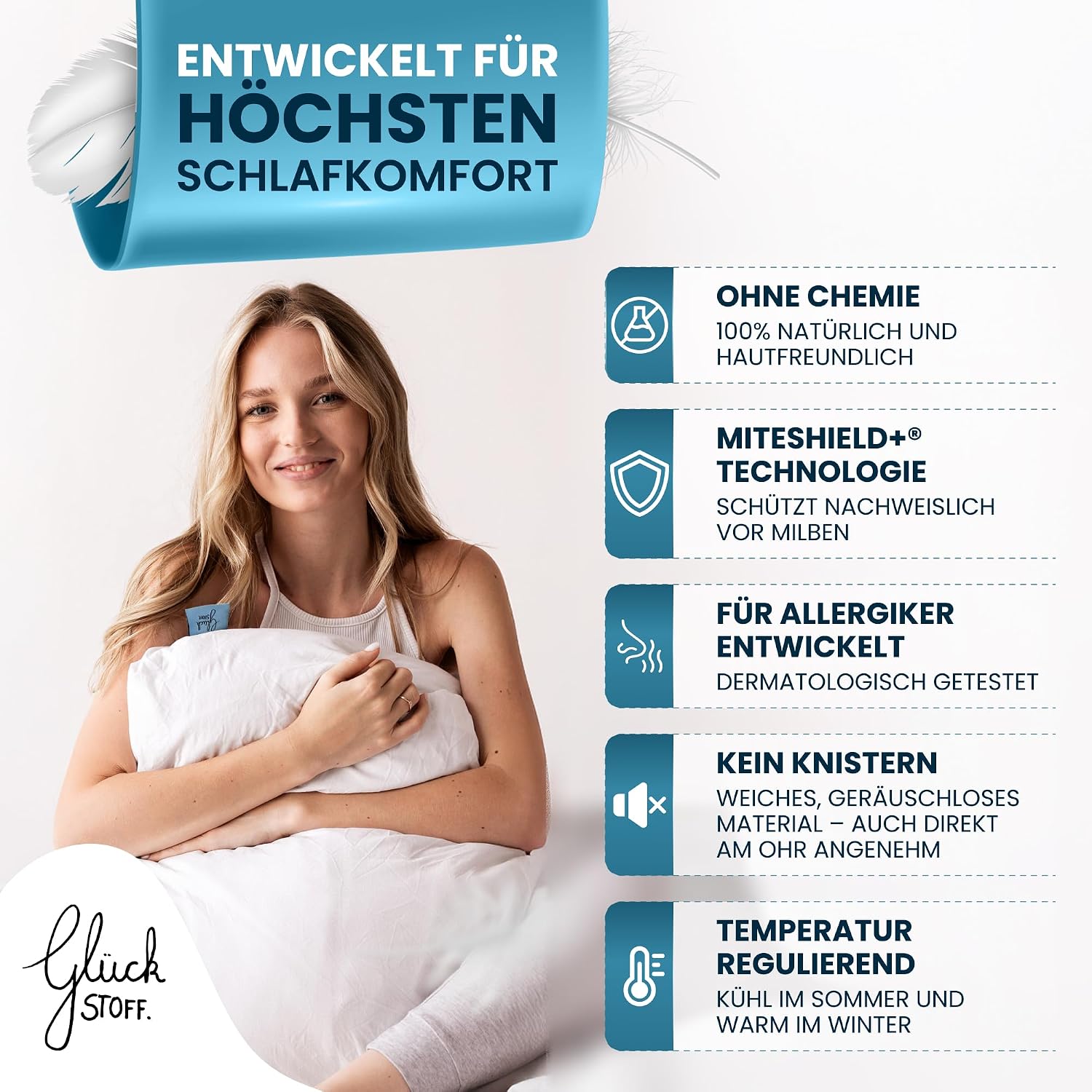 Glückstoff® Set of 2 Mite Cover Pillows 80 x 80 cm [Certified in Germany] - Premium Pillow Protector Encasing Mites - Allergy Sufferers Pillow Protection Cover - Allergy Bed Linen Anti Dust Mite Protection Cover
