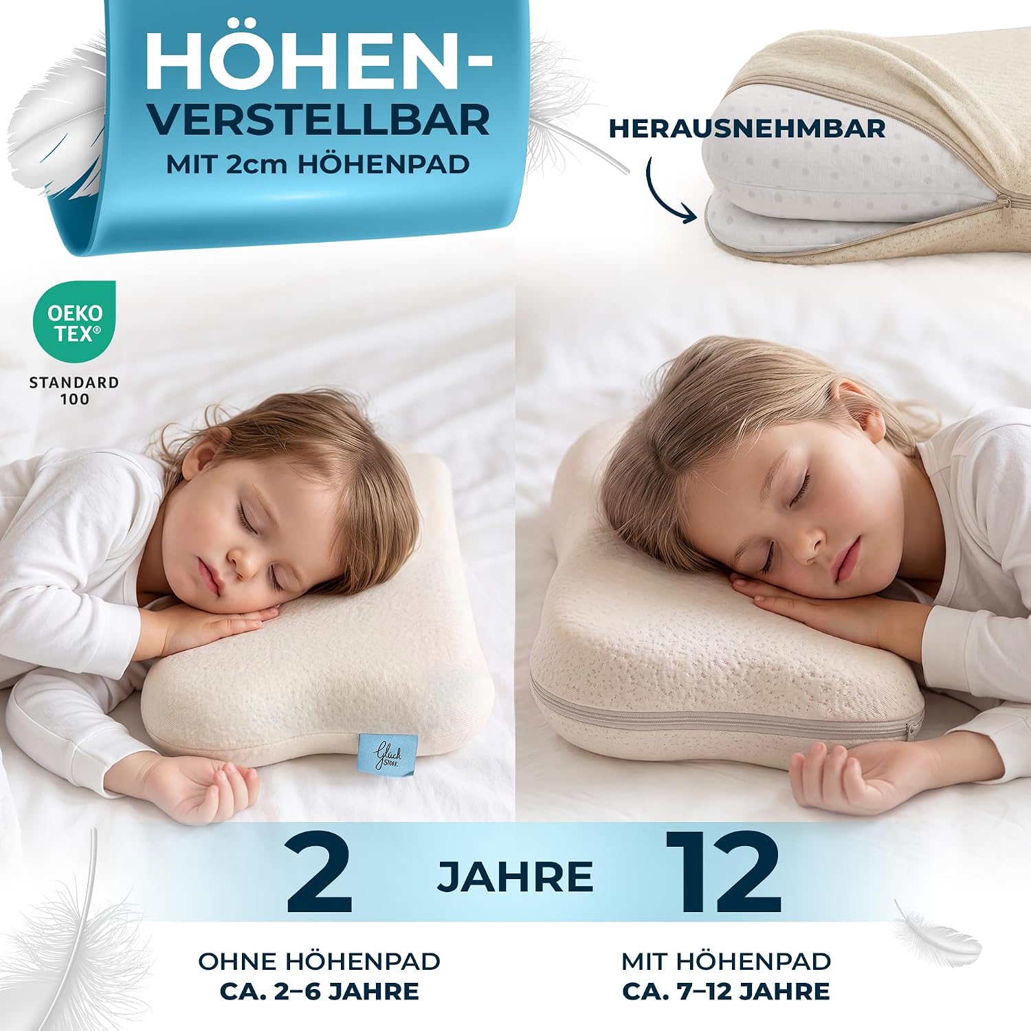 Glückstoff Cushion for Children [Grows with Children from 1-9+ Years], Height-Adjustable Children's Pillow, Breathable Pillow for Toddlers, Ergonomic Children's Pillow, 100% Cotton Cover (40 x 60 cm)