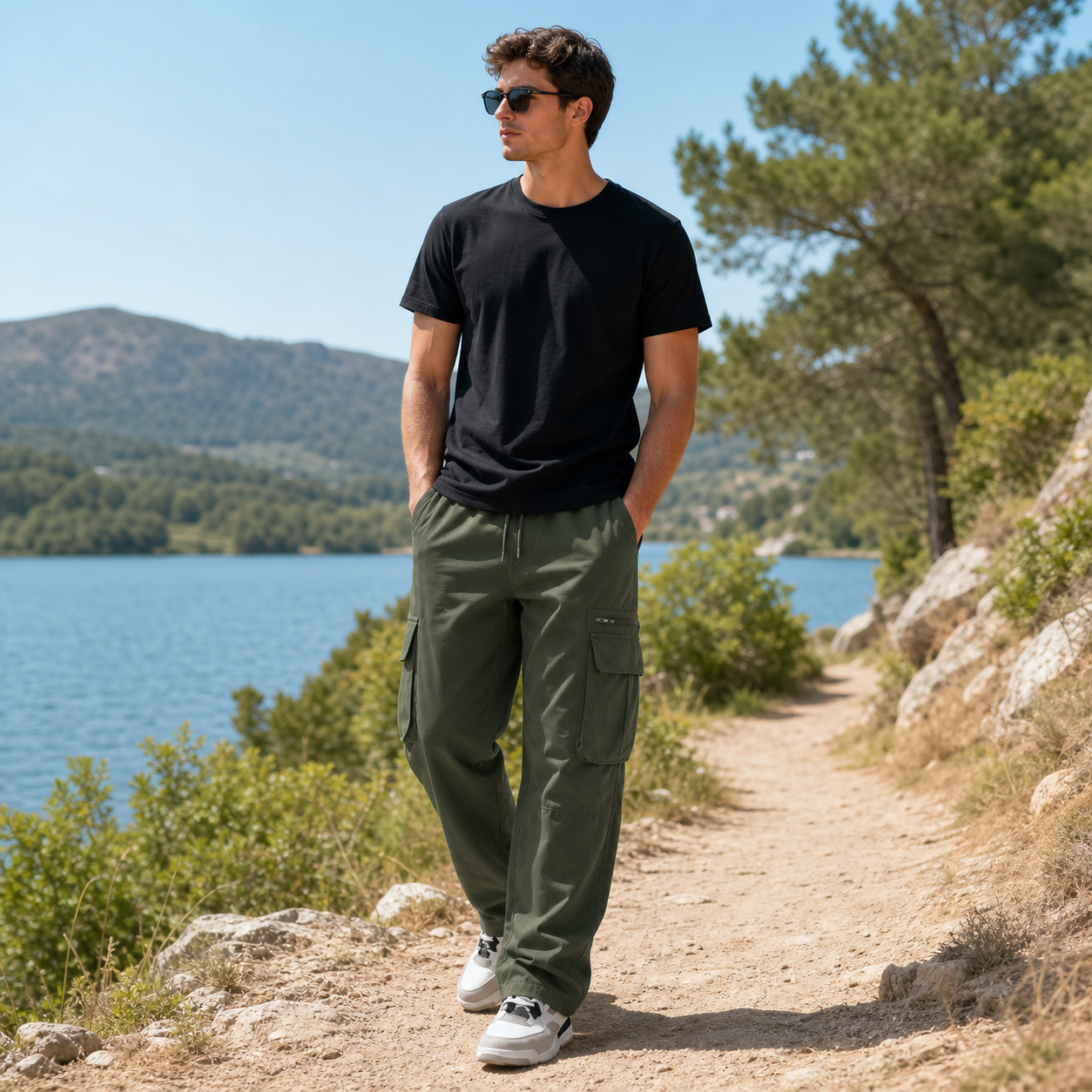 Men's Casual Cargo Pants with Drawstring Waist