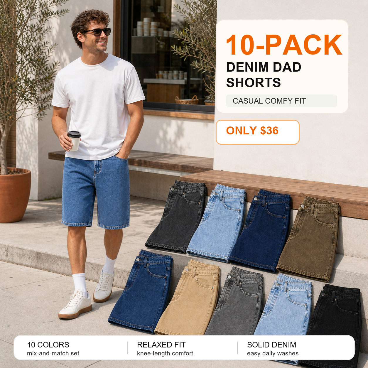 10-pack men's solid color denim dad shorts main image