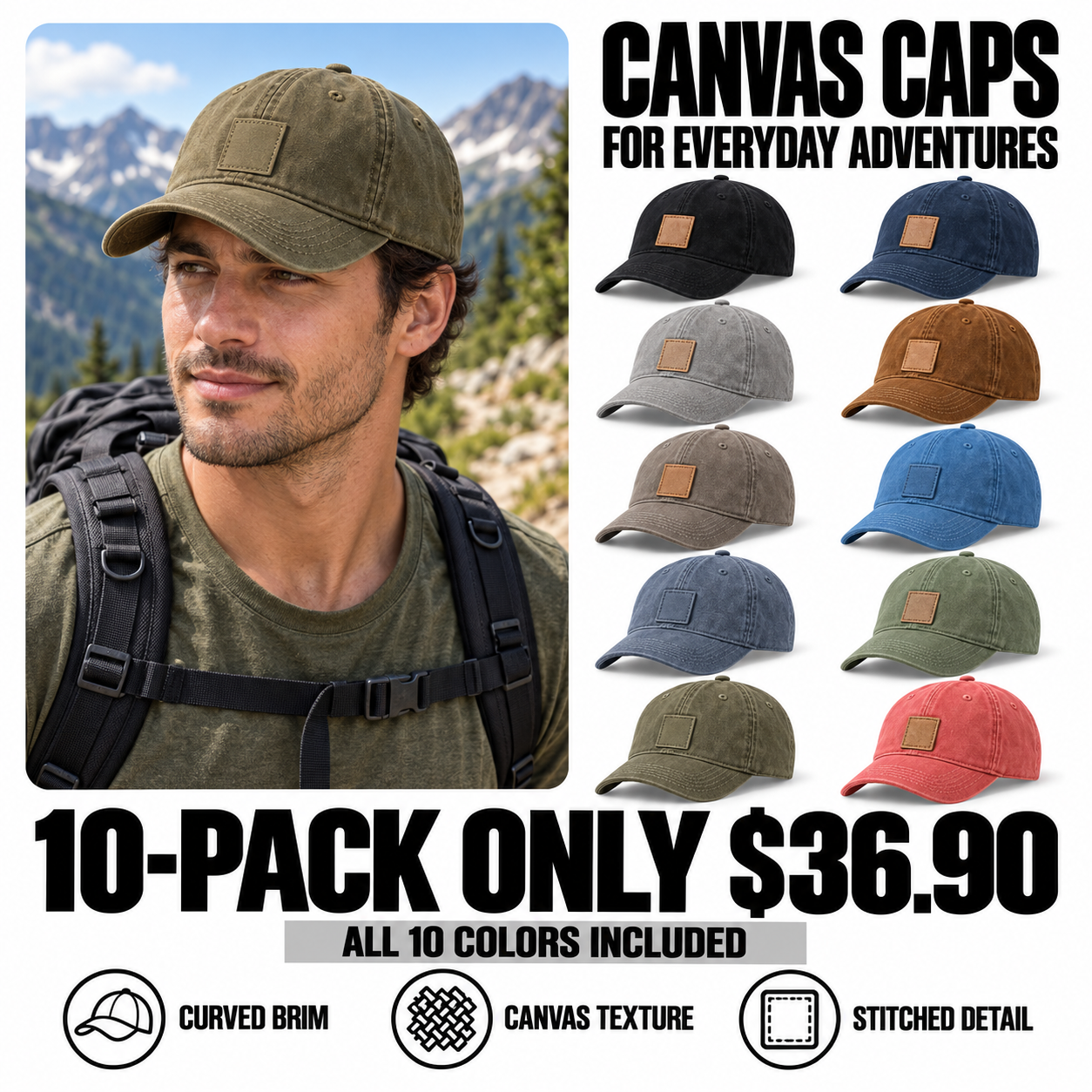 10-pack canvas caps - all ten colors - 36.90 USD