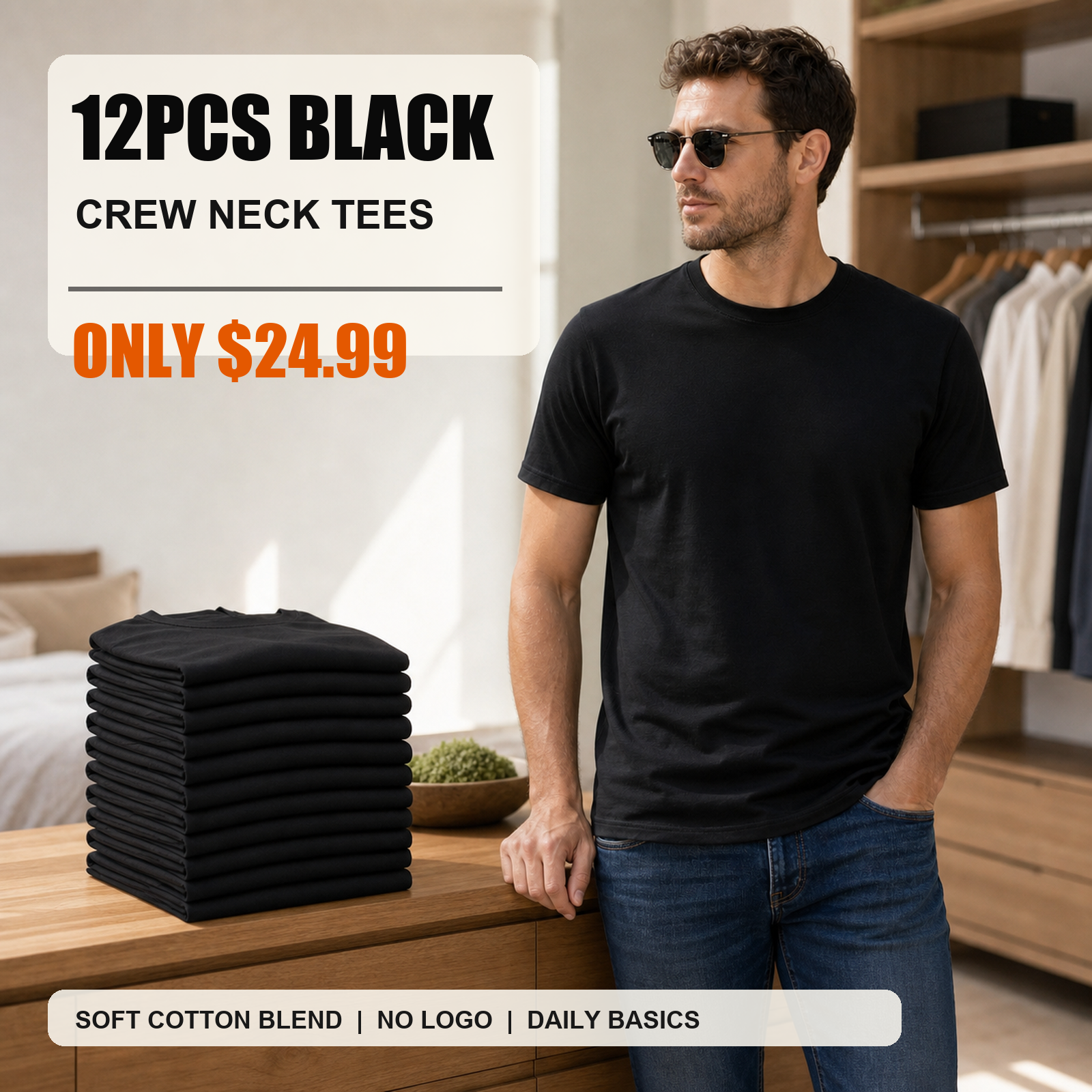 12-piece black men's crew neck basic T-shirts main image