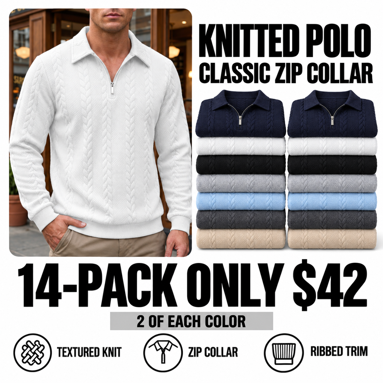 14-pack knitted polo sweaters - two of each color - $42