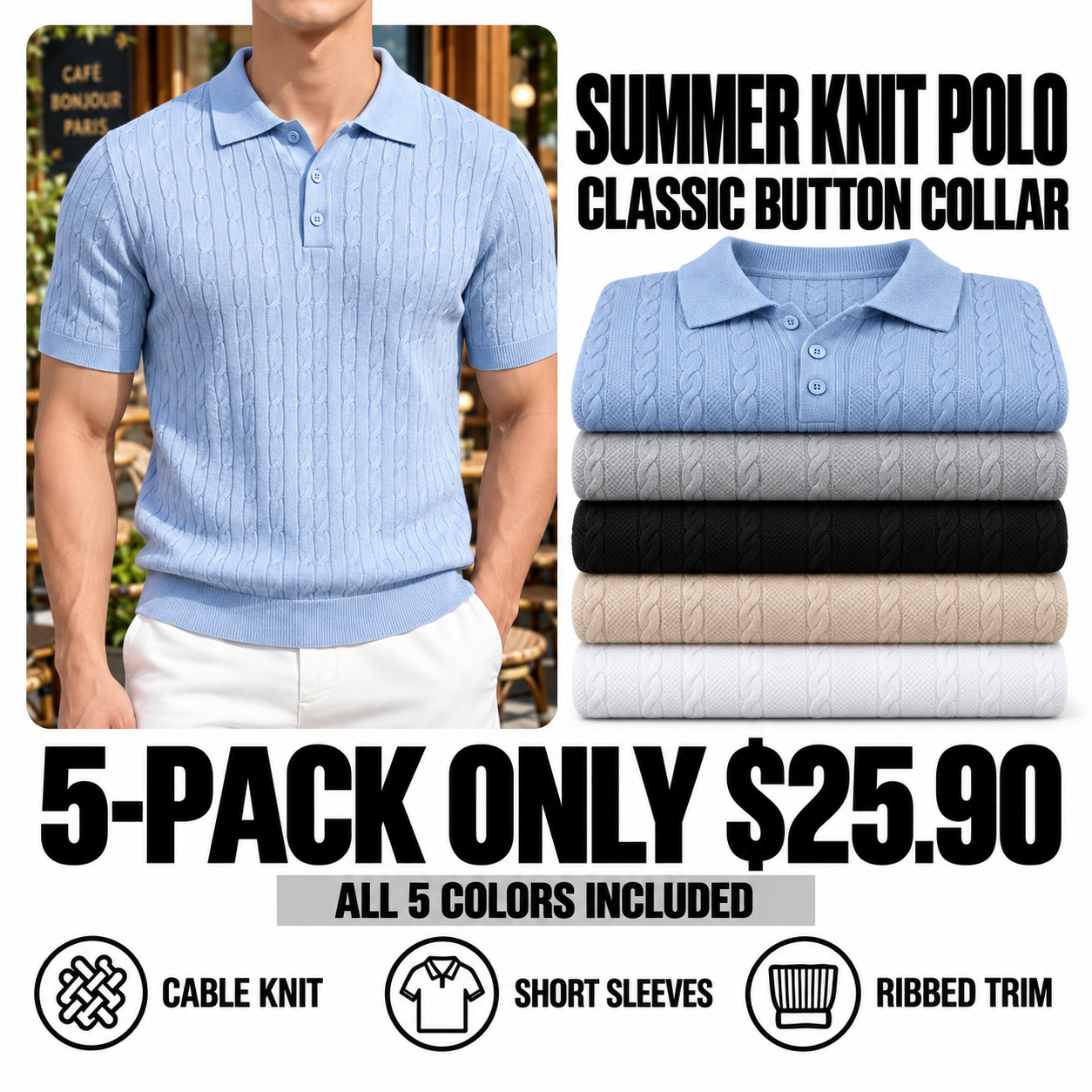 5-pack short sleeve knit polo shirts - all five colors - 25.90 USD