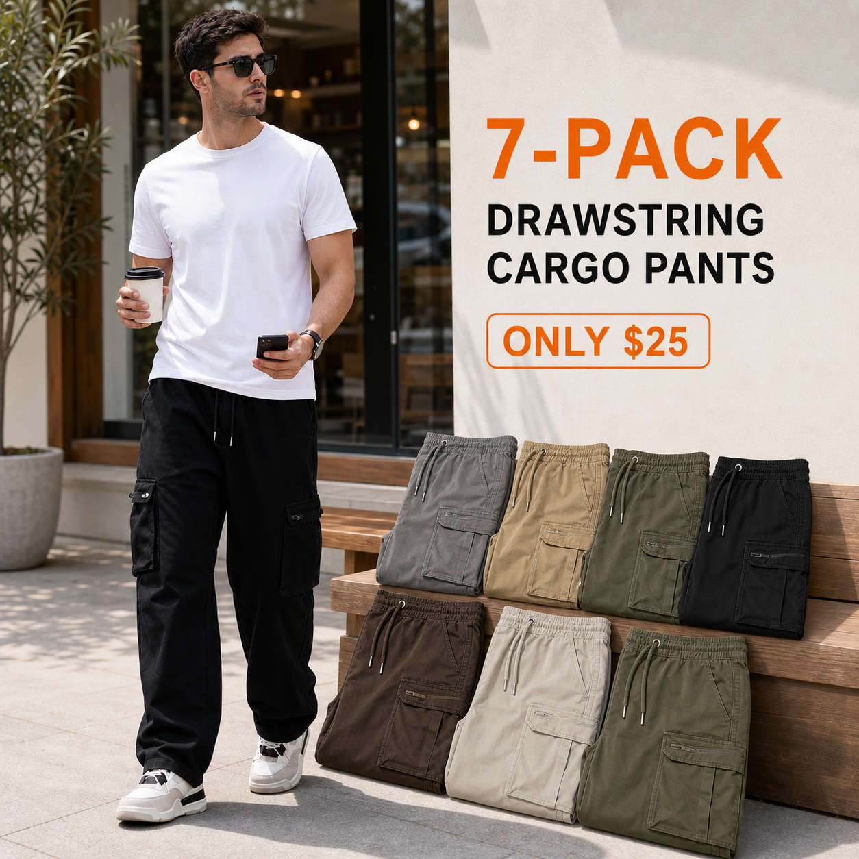 7-pack men's drawstring cargo pants main image