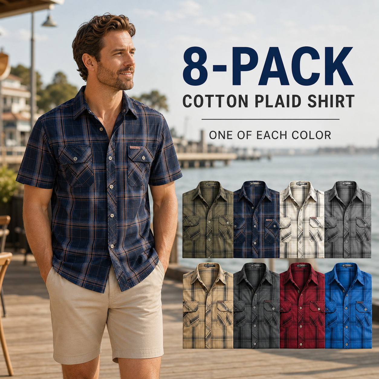8-pack men's cotton plaid short sleeve shirt main image