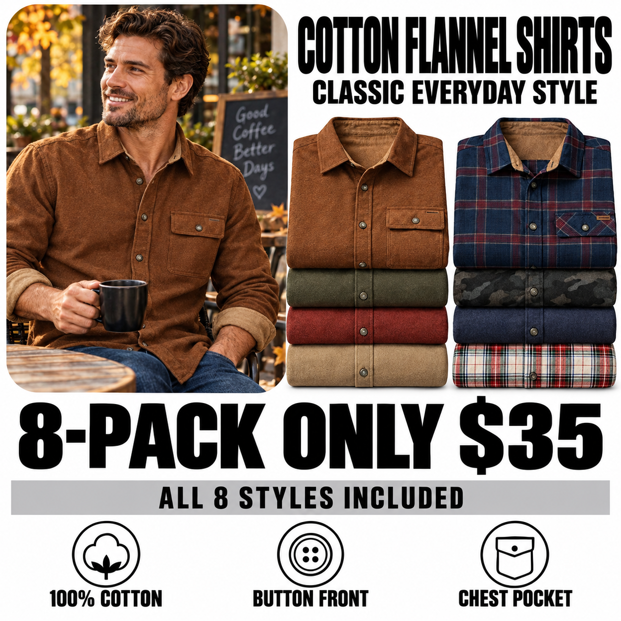 Eight cotton flannel shirts - all eight styles - 35 USD