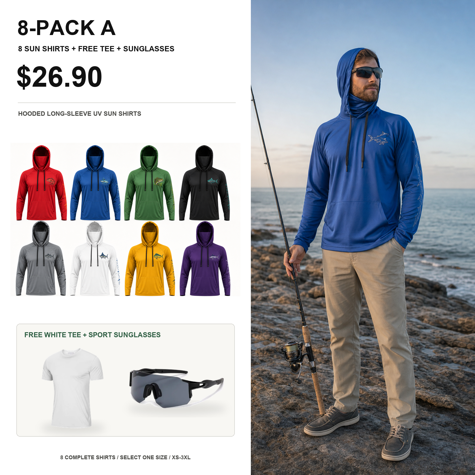 Eight-pack A hooded fishing sun shirts with free tee and sunglasses