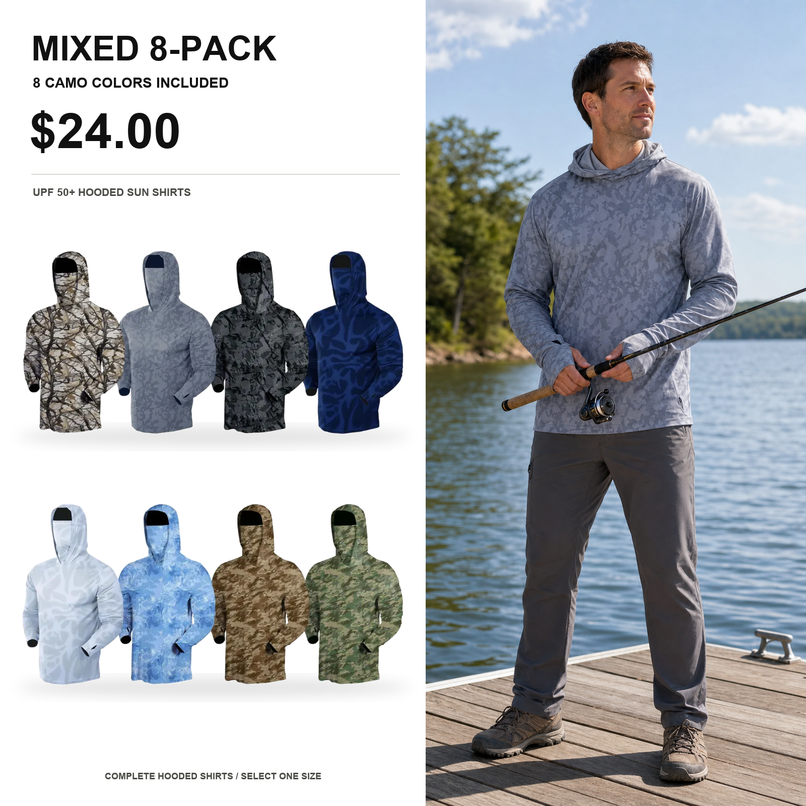 Mixed 8-pack UPF 50 hooded camo sun shirts main image