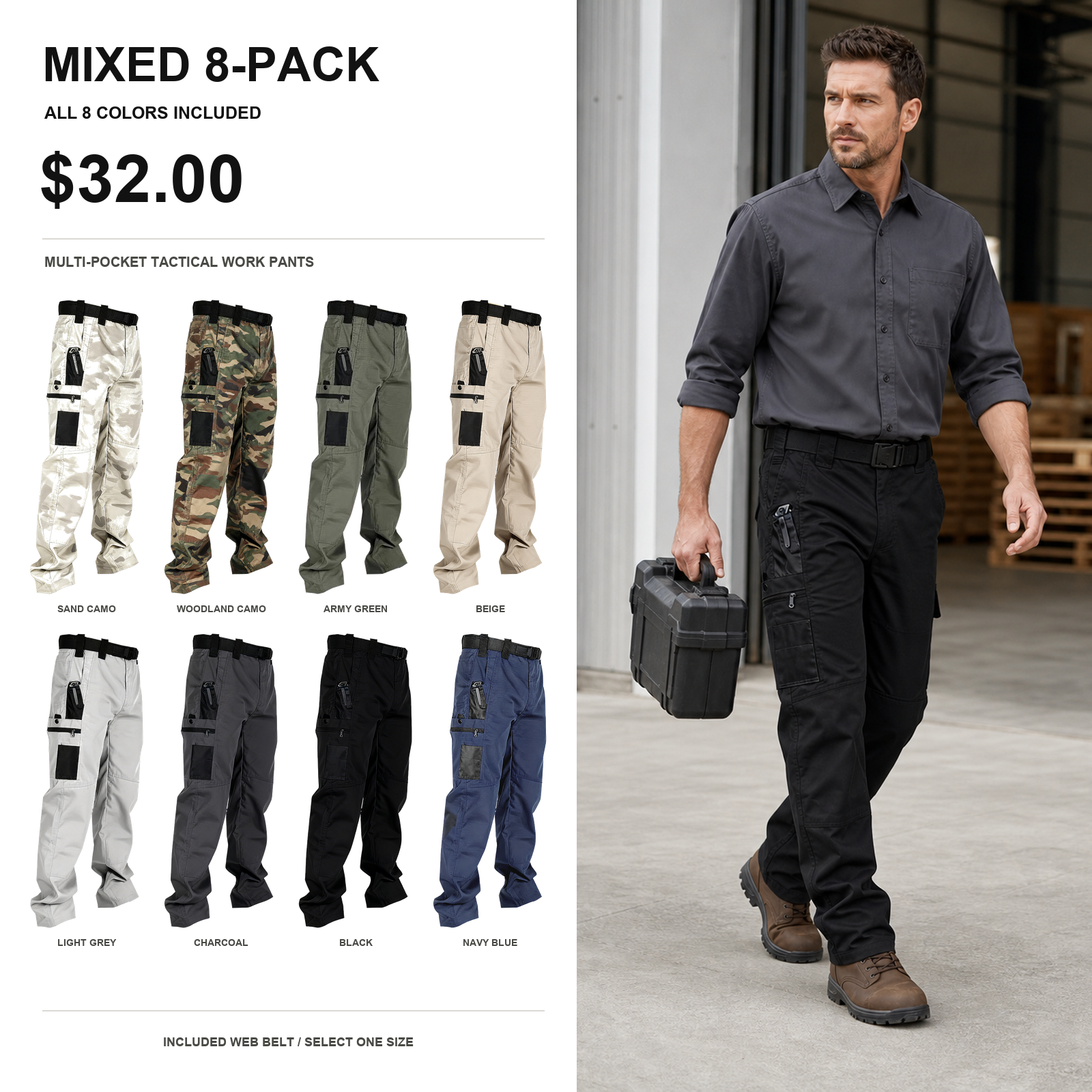Mixed 8-pack men's multi-pocket tactical work pants main image