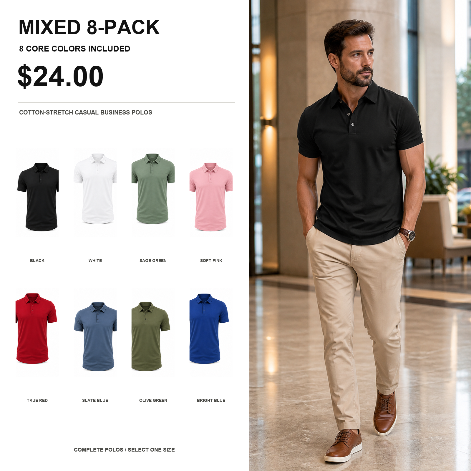 Mixed 8-pack men's cotton-stretch casual business polos main image