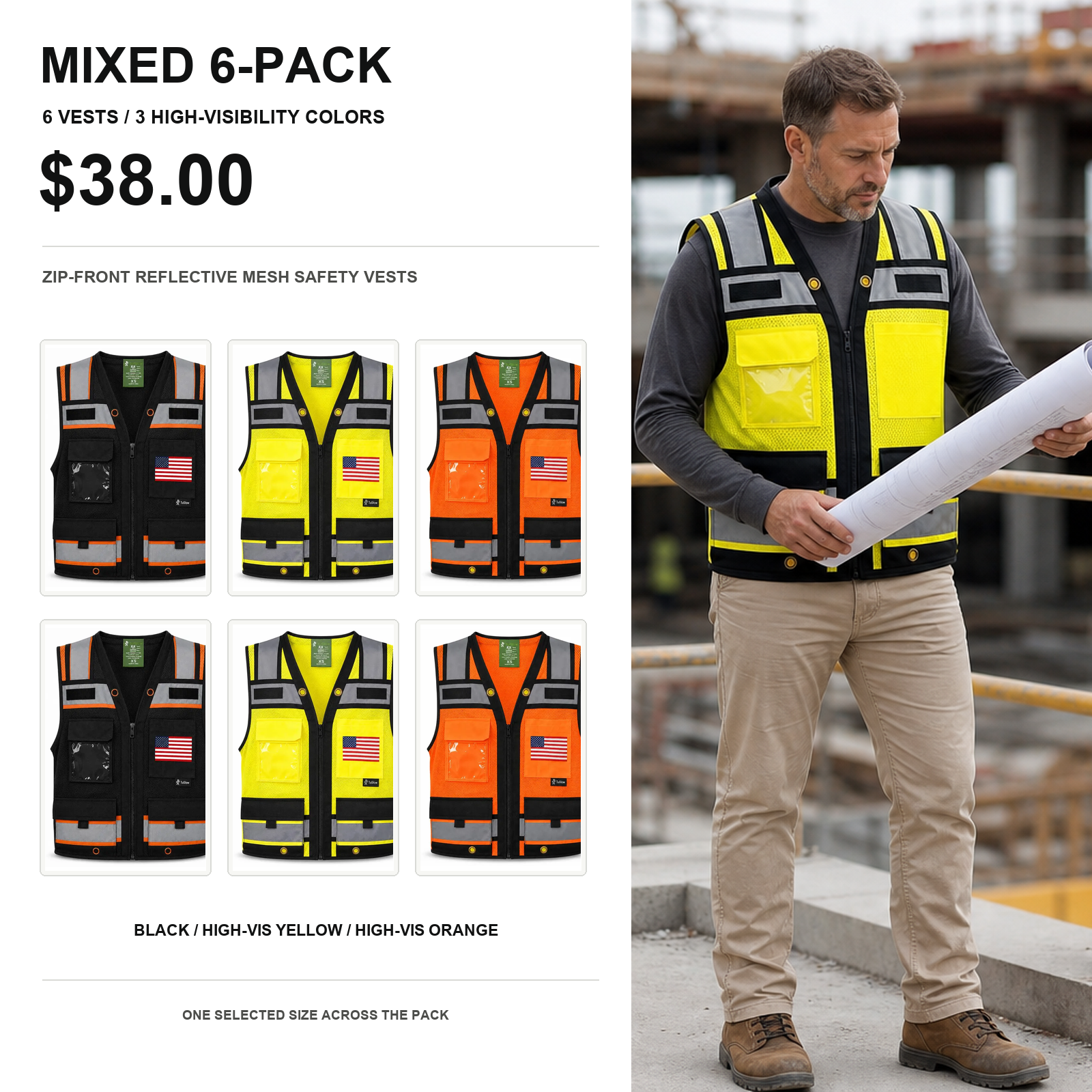Mixed 6-pack black yellow and orange reflective mesh safety vests with construction supervisor