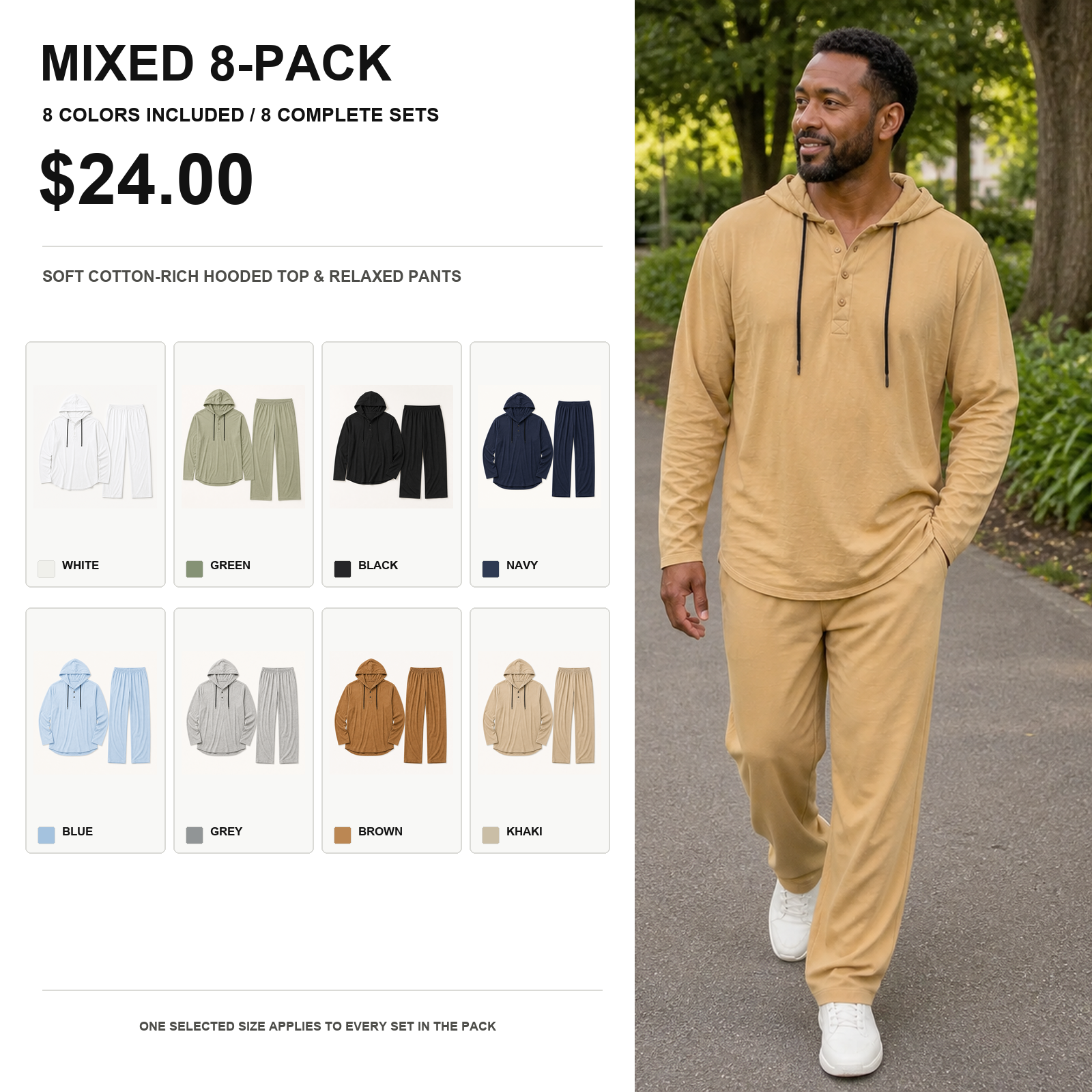 Mixed 8-pack soft cotton hooded top and relaxed pants sets in eight colors