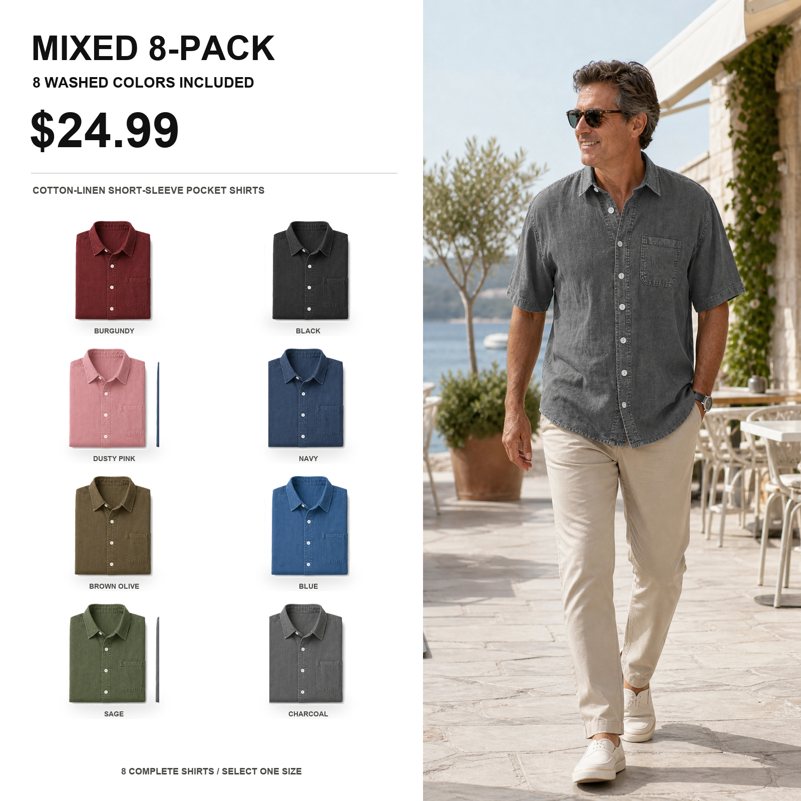 Men's 8-Pack Vintage Cotton Linen Pocket Shirt