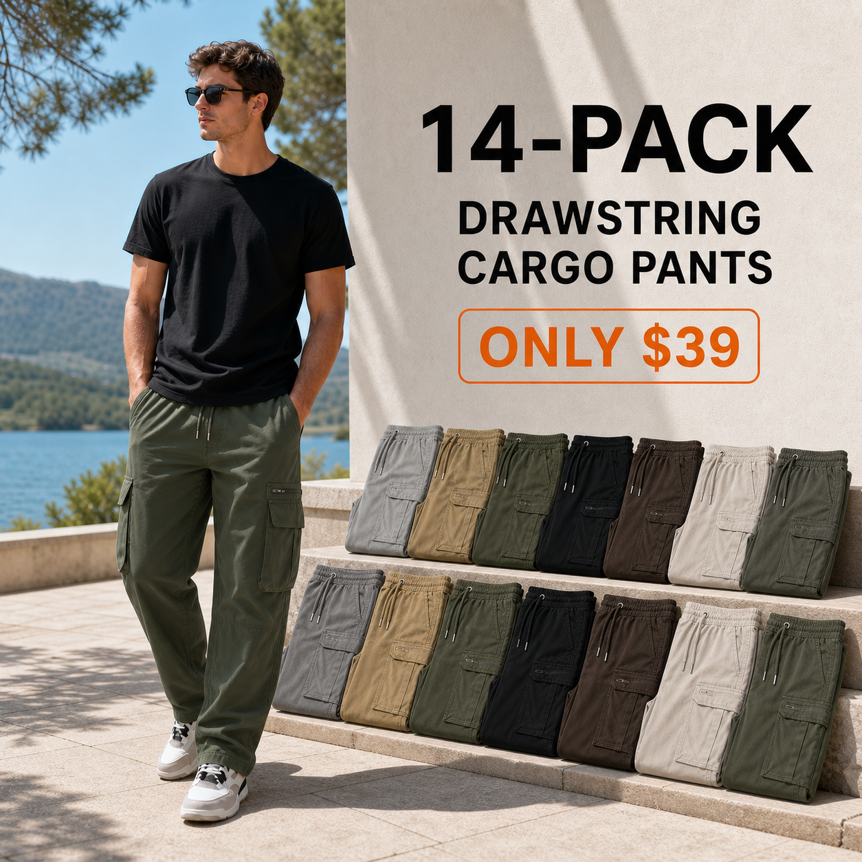 14-pack men's drawstring cargo pants main image
