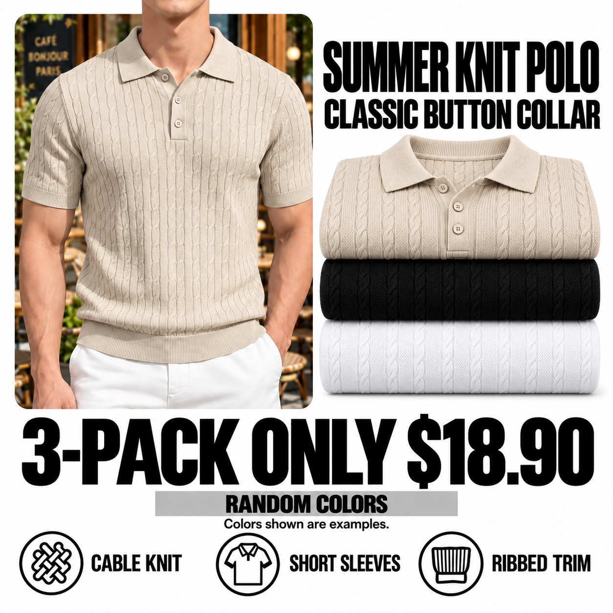 3-pack short sleeve knit polo shirts - random colors - 18.90 USD