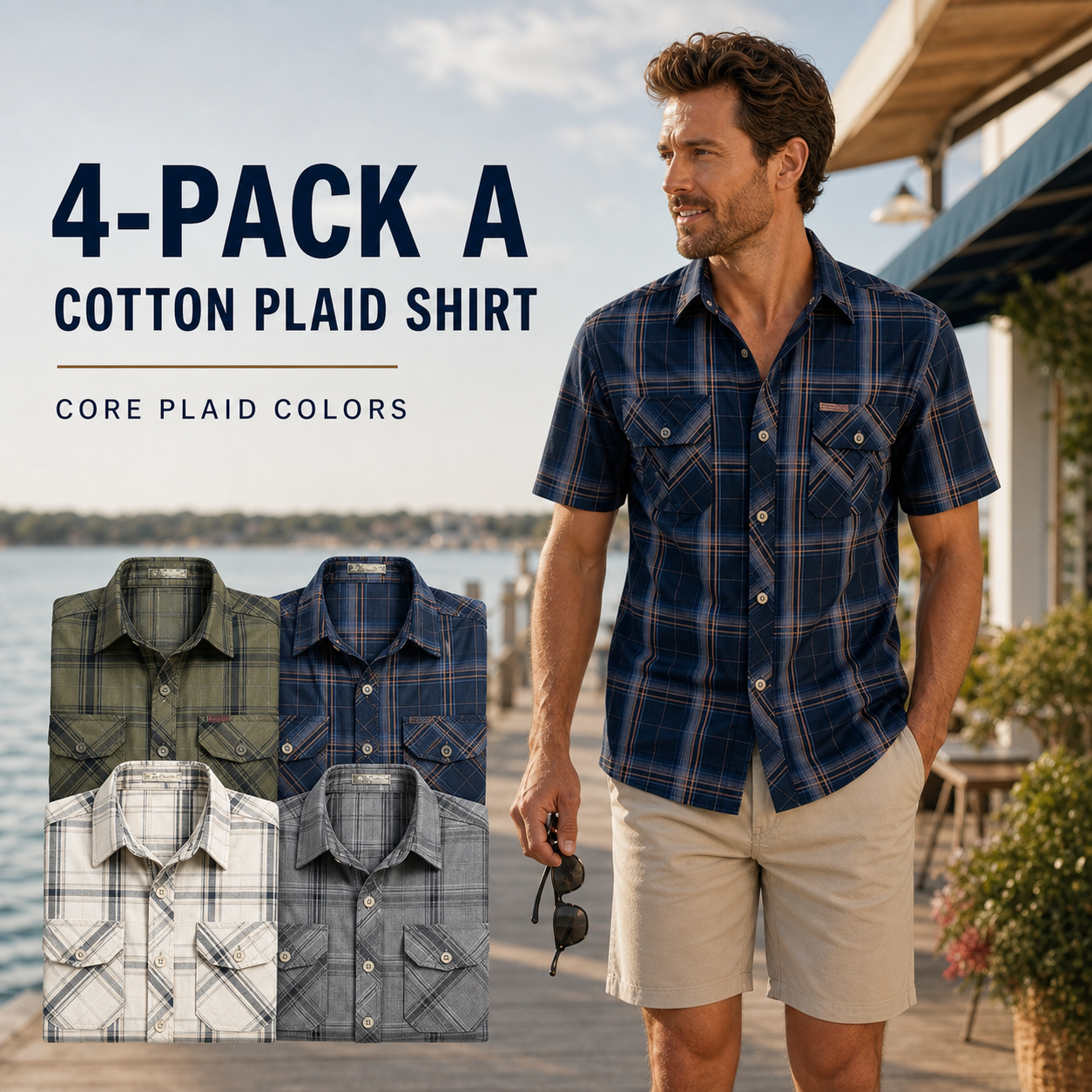 4-pack A men's cotton plaid short sleeve shirt main image