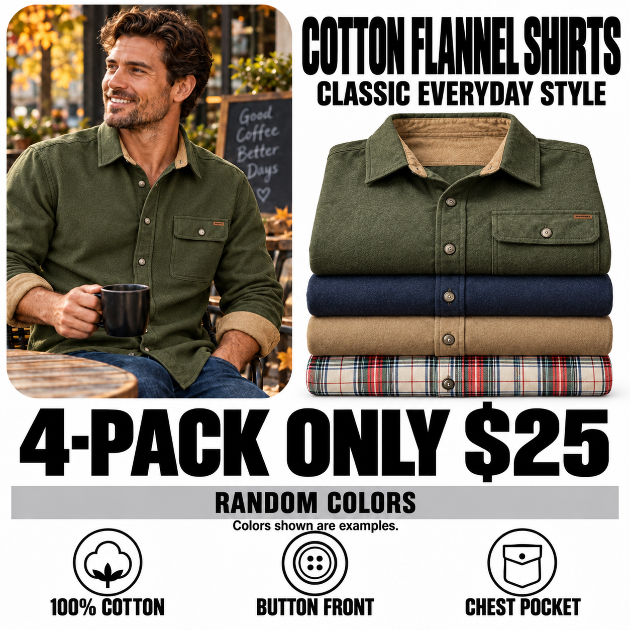 Four cotton flannel shirts - random colors - 25 USD
