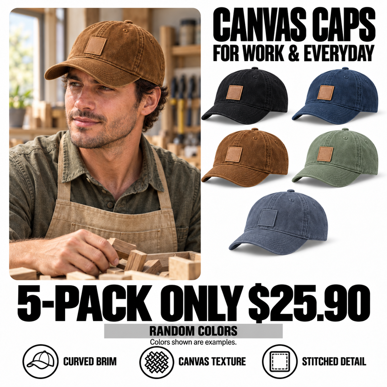 5-pack canvas caps - random colors - 25.90 USD