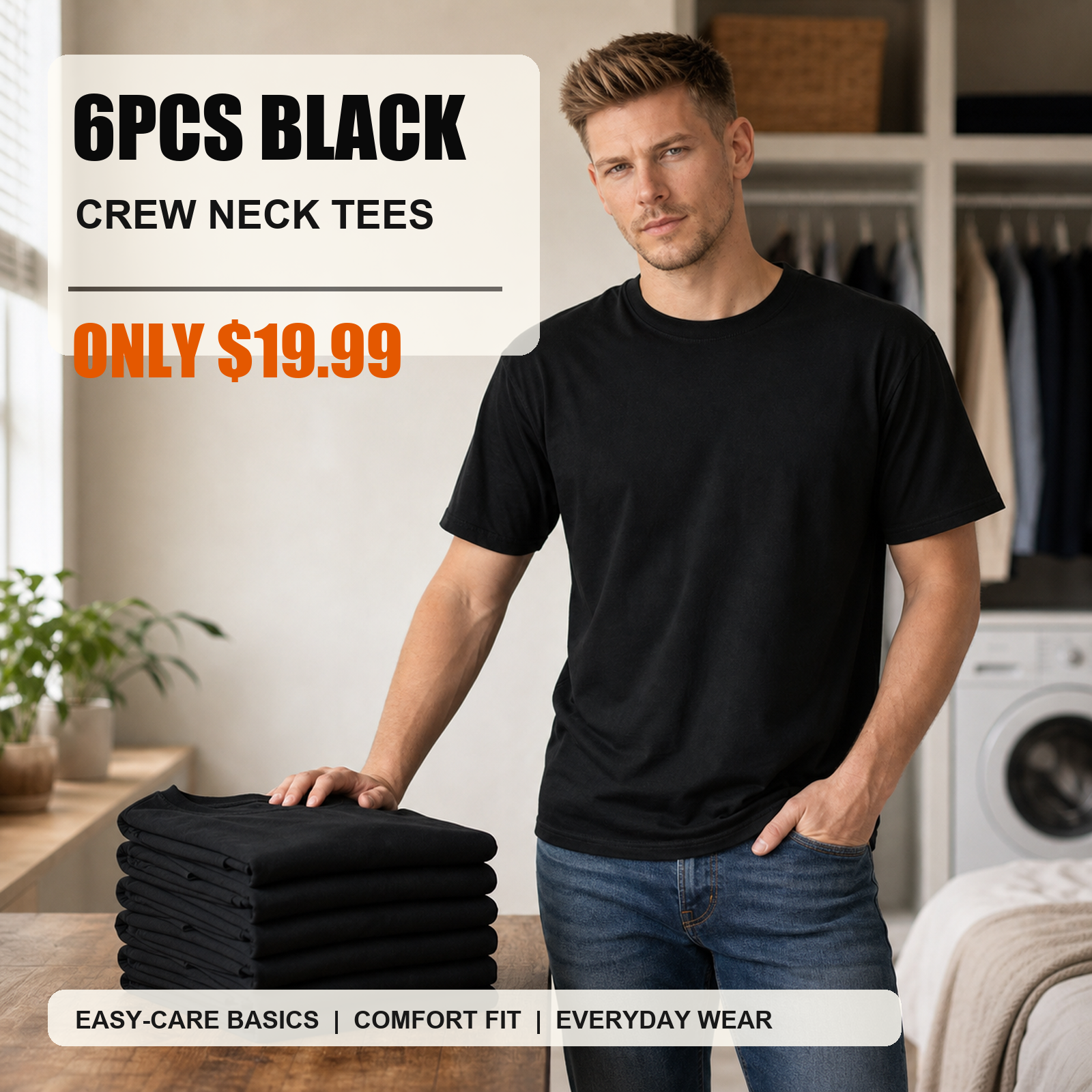6-piece black men's crew neck basic T-shirts main image