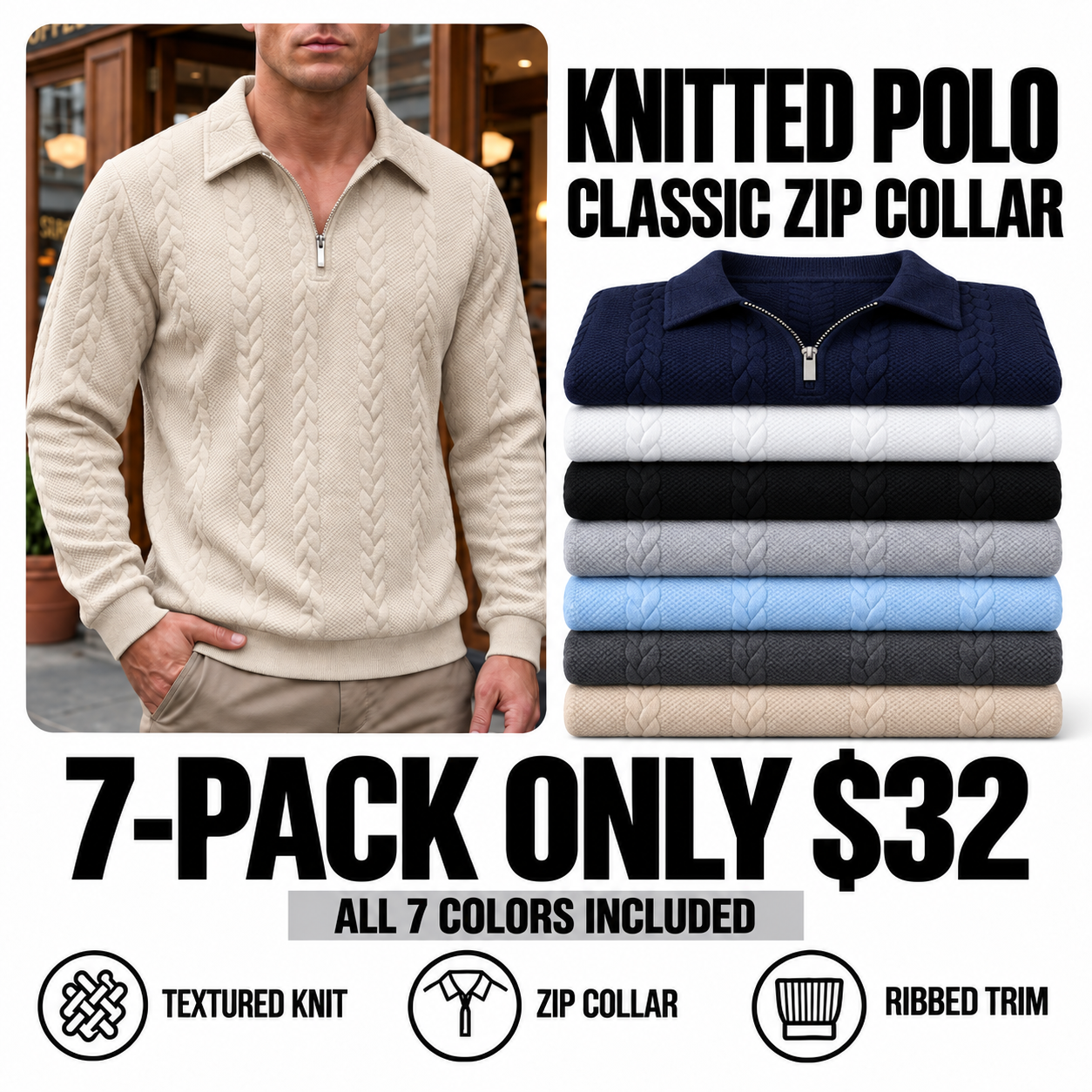 7-pack knitted polo sweaters - all seven colors - $32