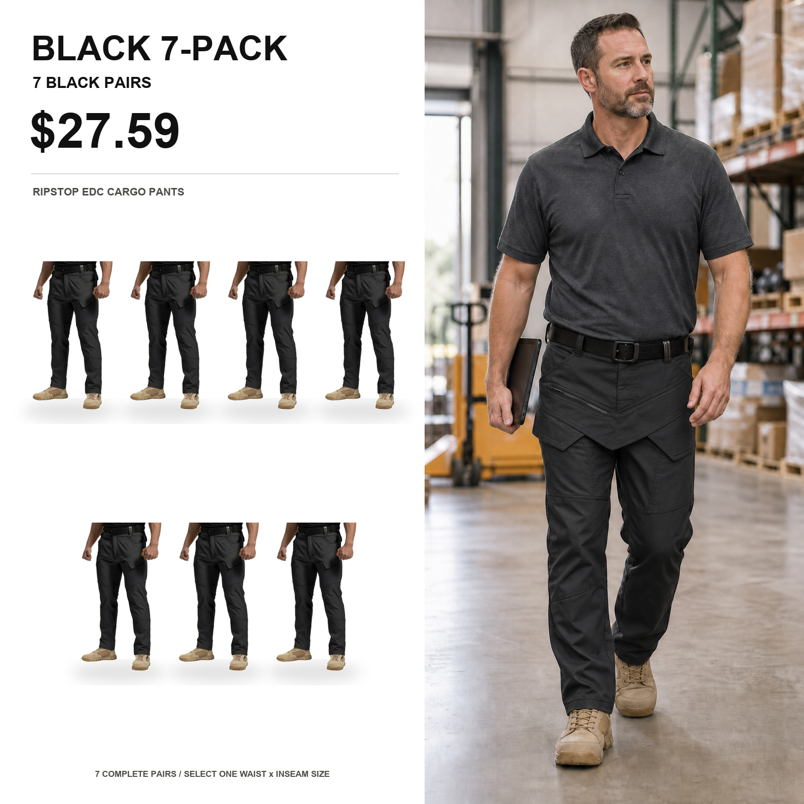 Black 7-pack tactical ripstop EDC cargo pants main image