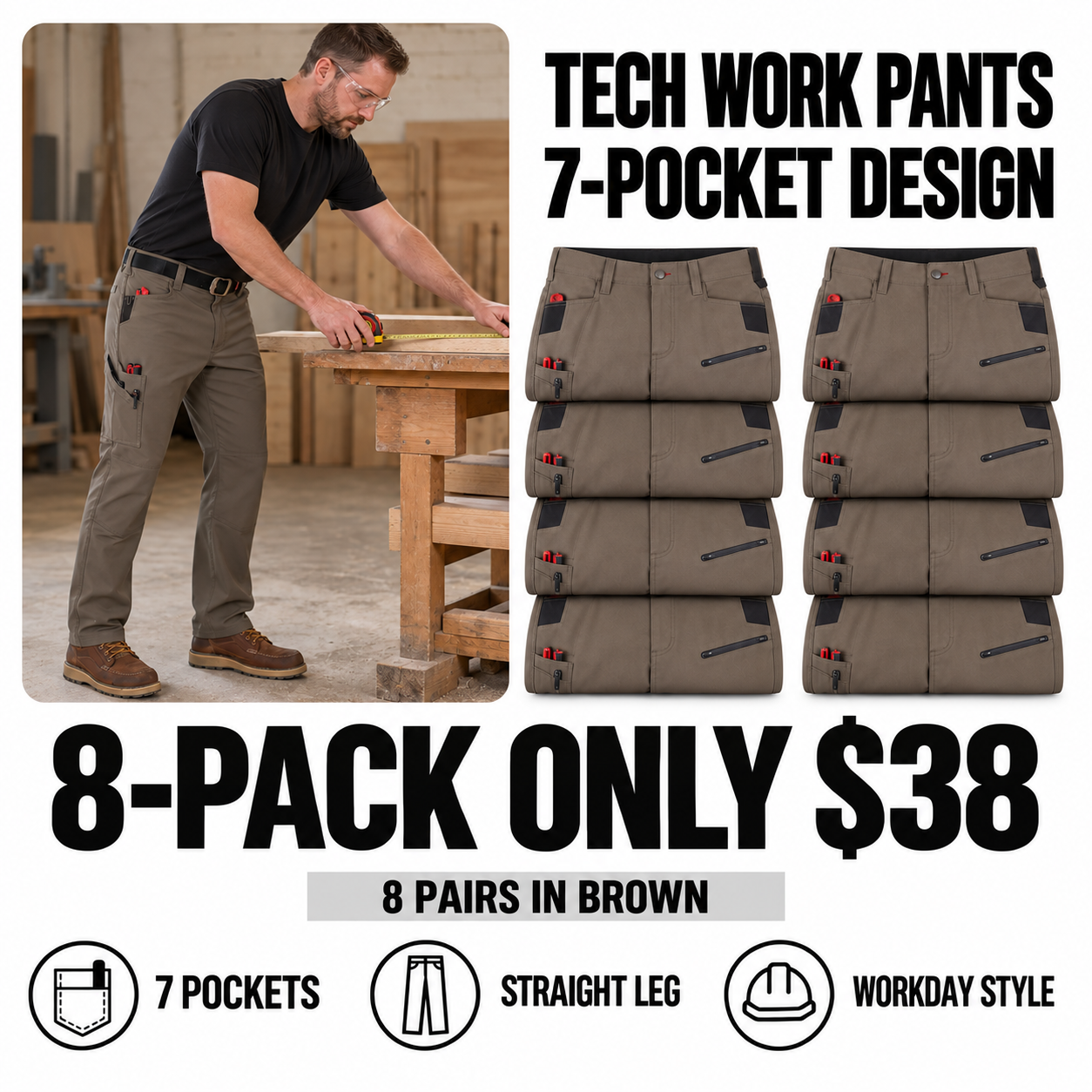 brown 8-piece tech work pants main image