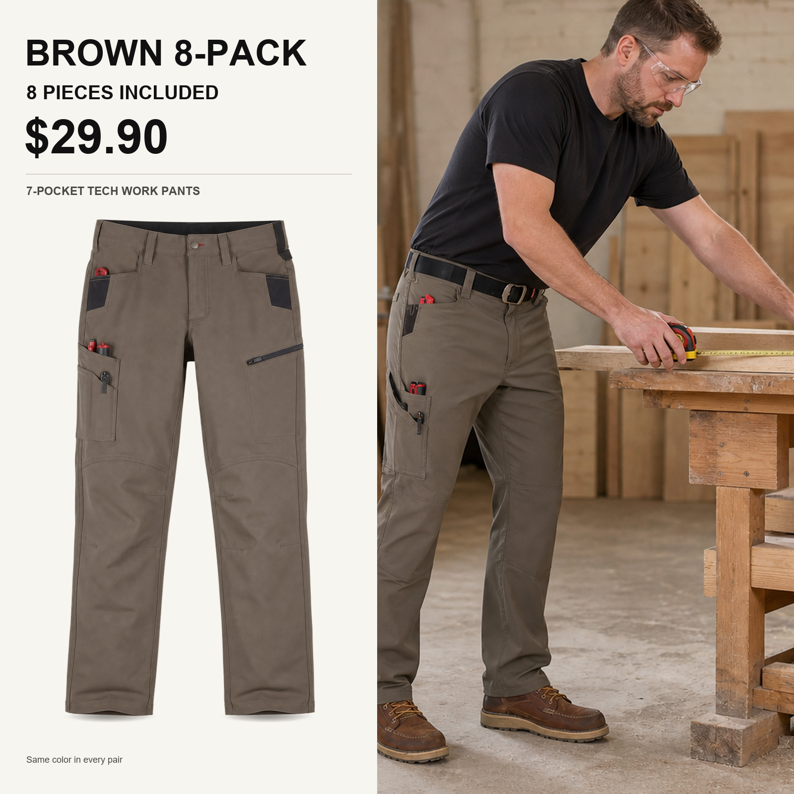 brown 8-piece tech work pants main image