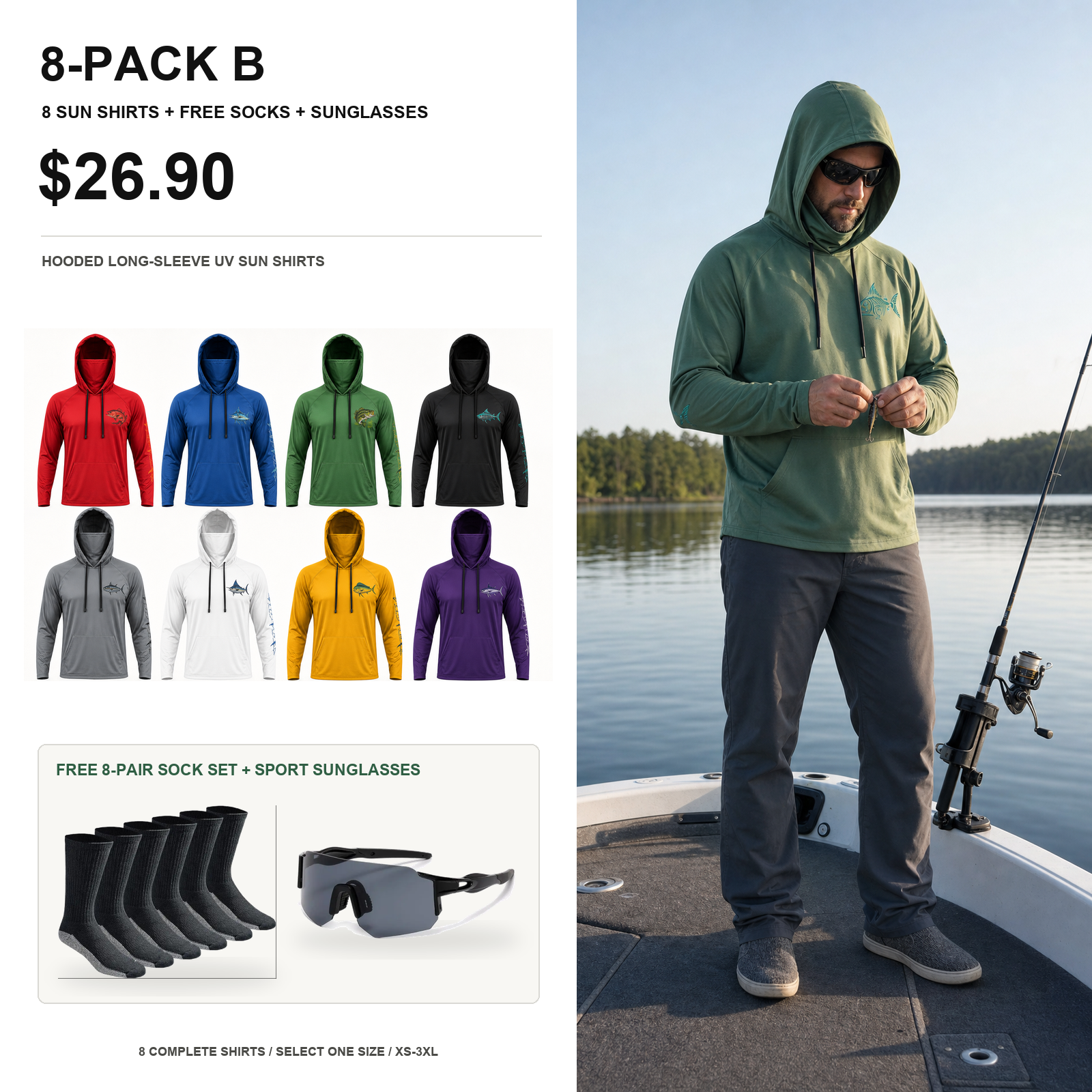 Eight-pack B hooded fishing sun shirts with socks and sunglasses