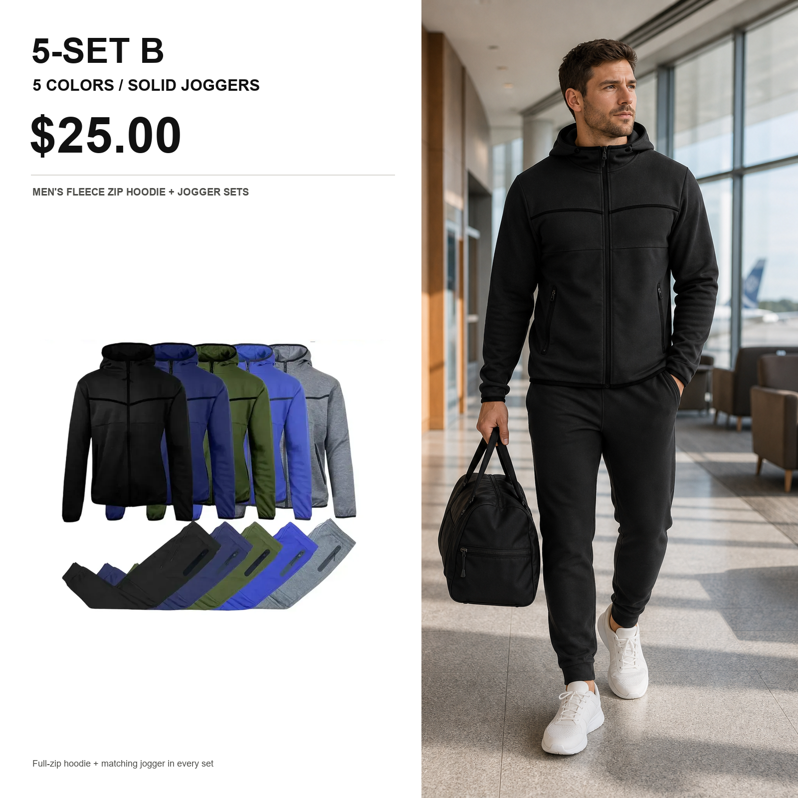 5-set B solid fleece zip hoodie and jogger main image