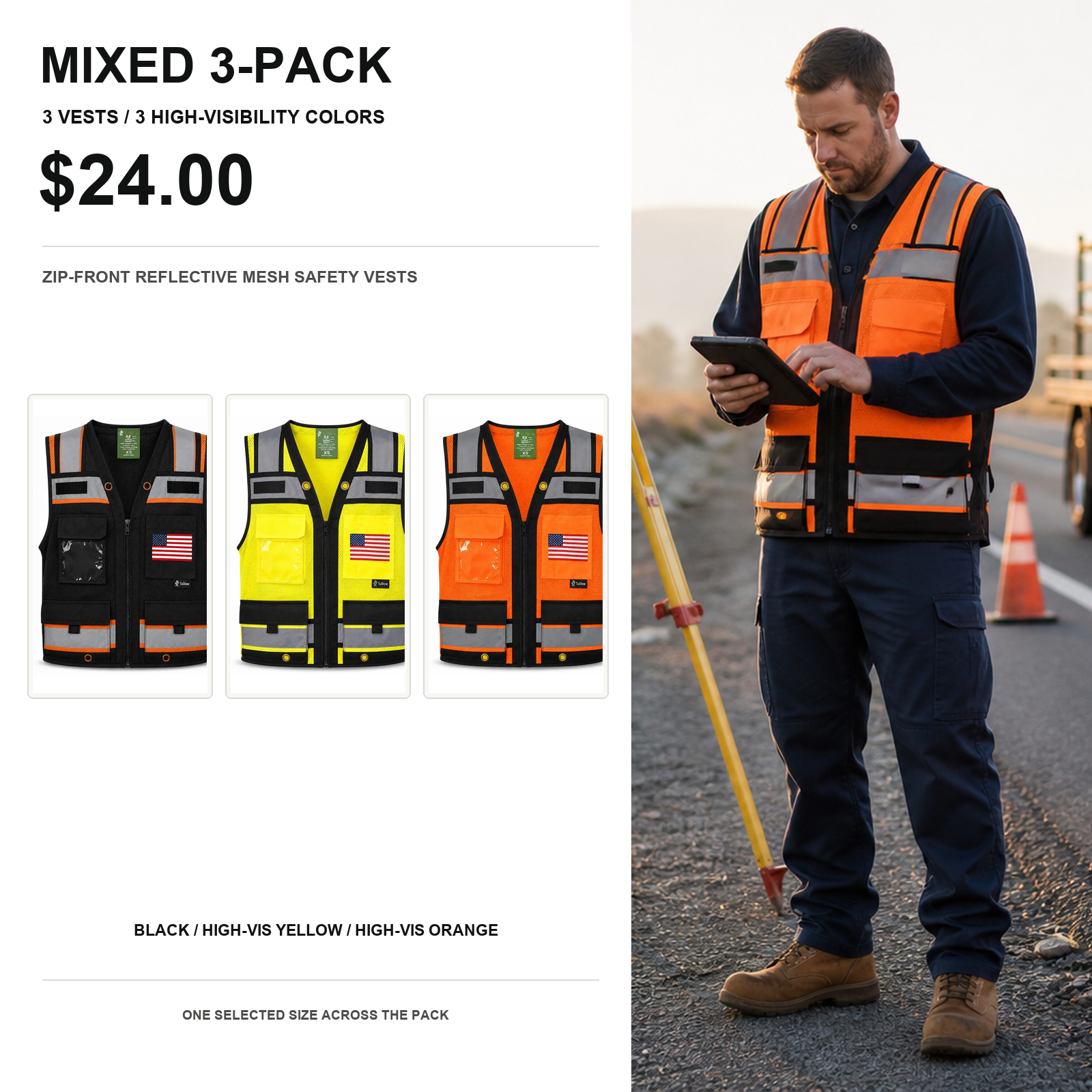 Mixed 3-pack black yellow and orange reflective mesh safety vests with road survey worker
