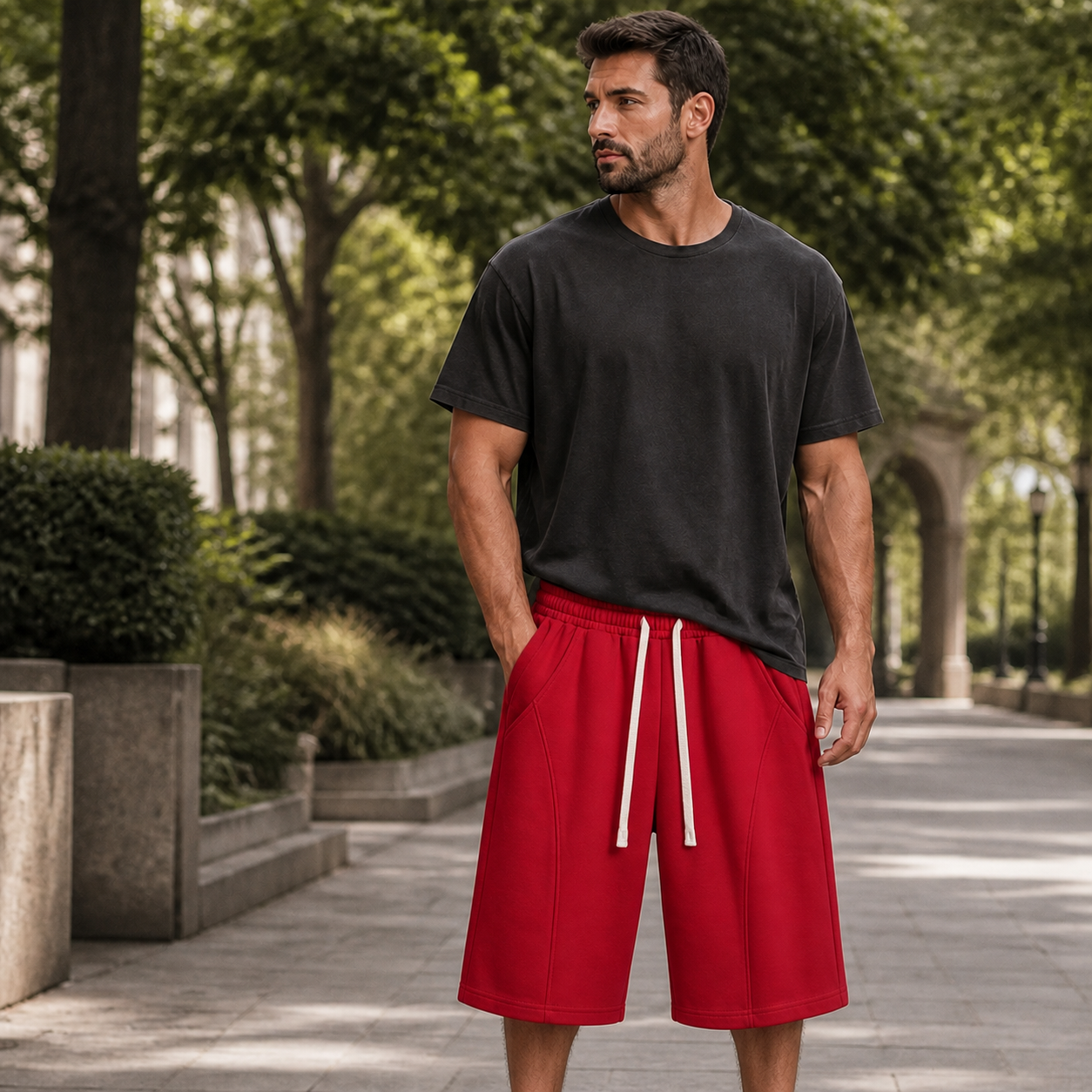 Red cotton jersey lounge shorts single piece on male model