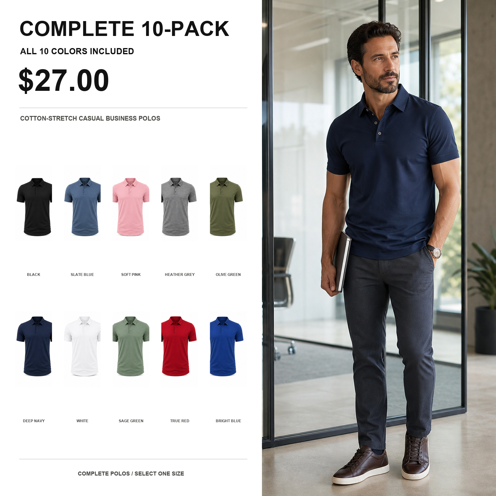 Complete 10-pack men's cotton-stretch casual business polos main image