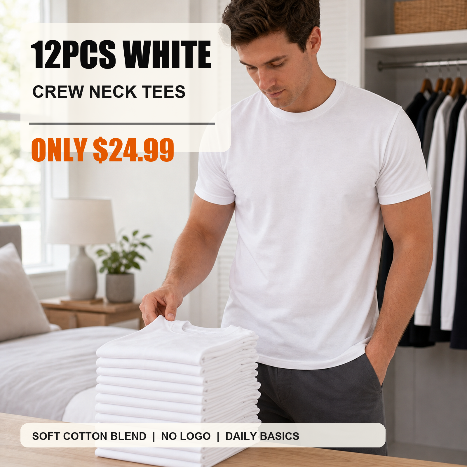 12-piece white men's crew neck basic T-shirts main image