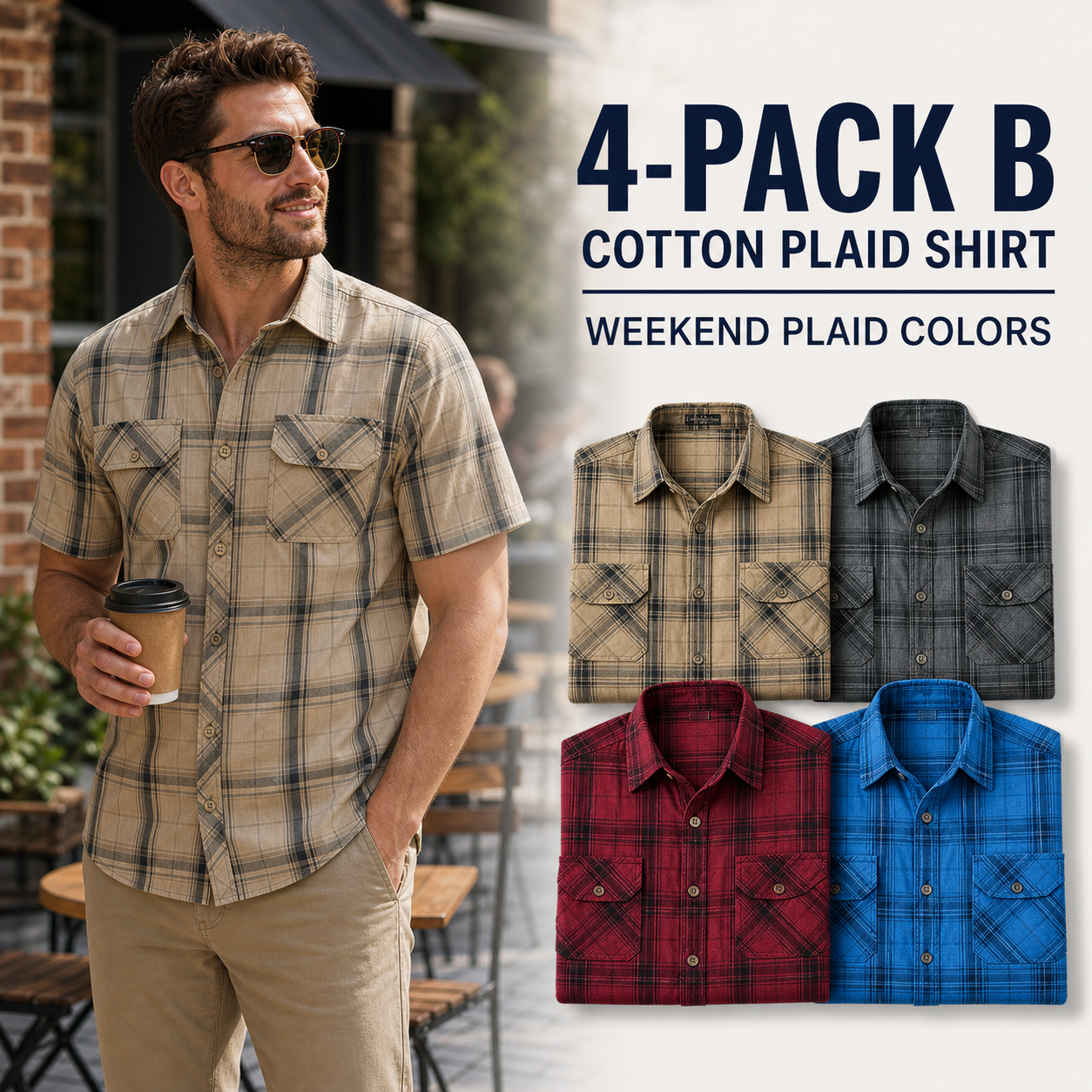 4-pack B men's cotton plaid short sleeve shirt main image