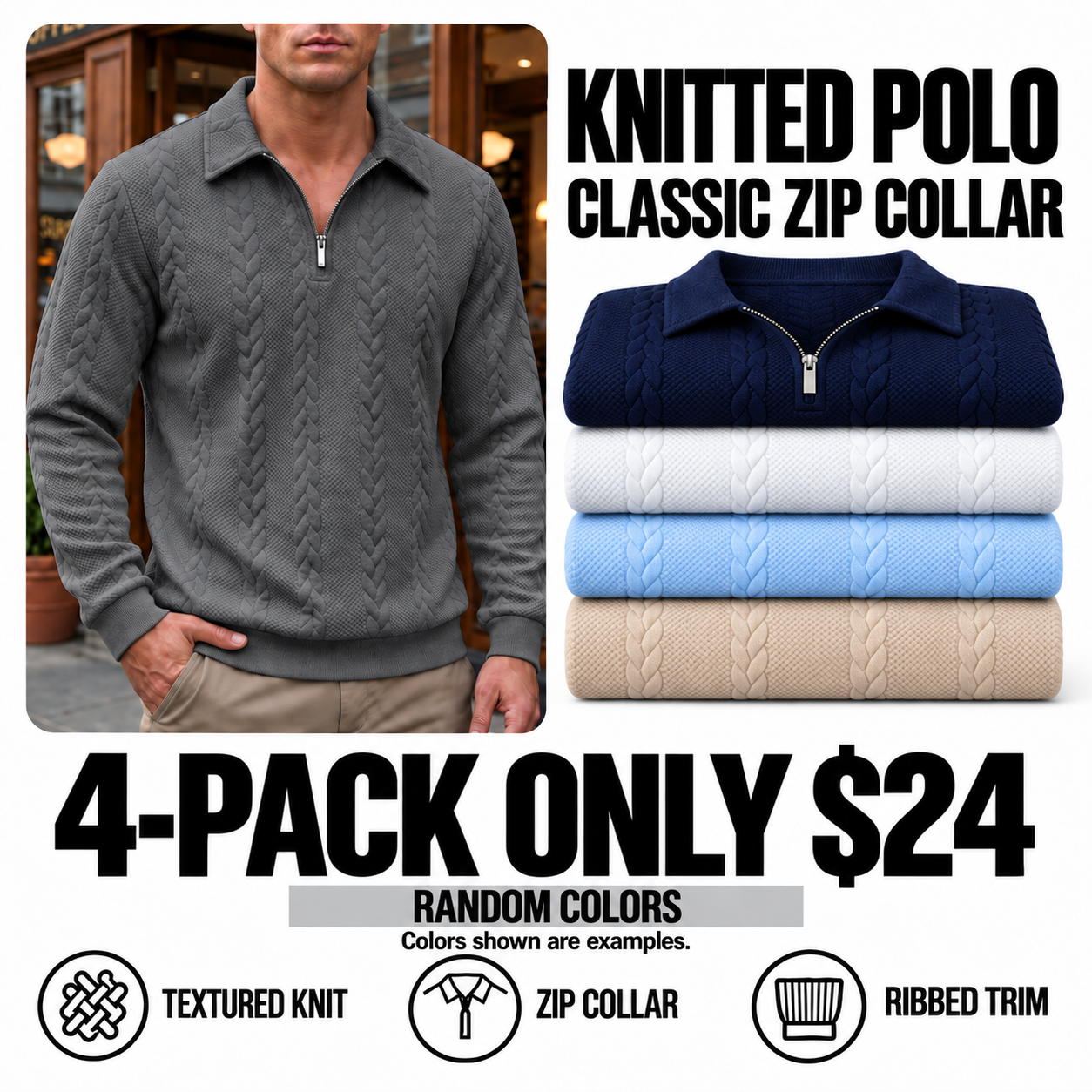 4-pack knitted polo sweaters - random colors - $24